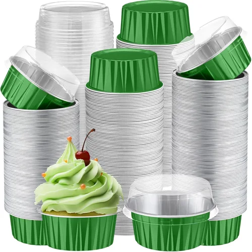 Vista 33 de Gejoy 400 tazas de papel de aluminio para hornear con tapas, moldes desechables de 5 onzas, mini moldes para tartas, moldes para magdalenas, moldes