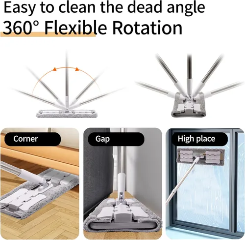 Vista 2 de Trapeador húmedo de microfibra de 360° para limpieza de suelos; 4 almohadillas de microfibra reutilizables resistentes; altura ajustable