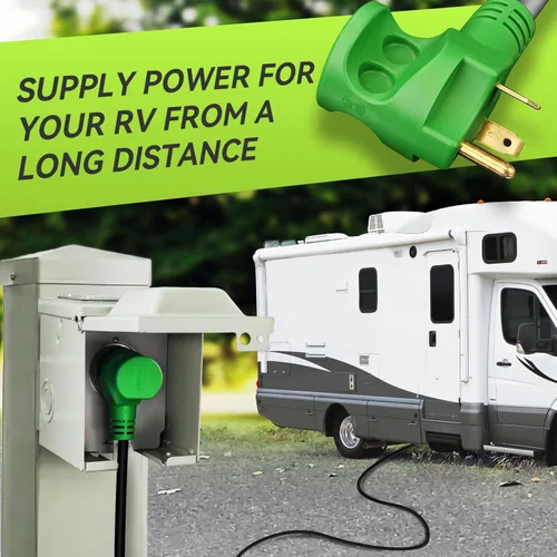 Vista 2 de RVMATE Cable de extensión de alimentación RV de 30 amperios y 15 pies con mango de fácil enchufe, TT-30P a TT-30R, indicador LED, 10 AWG