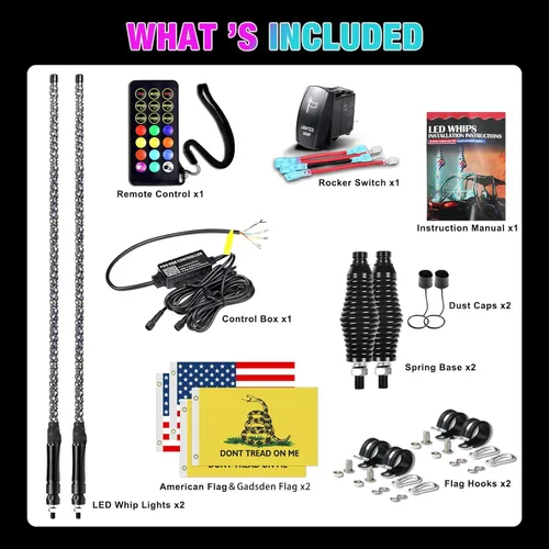 Vista 9 de 2PCS Luces LED Whip de 2FT para UTV/ATV, APP y Control Remoto, Modos de Color Secuencial, Luz Todoterreno Impermeable para Can-Am, Polaris RZR, Dune