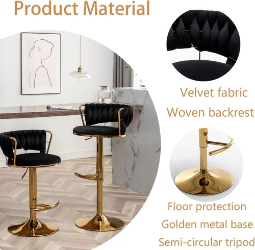 Vista 5 de Gold Velvet Bar Stools Set of 4, Counter Height Barstools with Low Back, Swivel Bar Stool for Kitchen Island, Pub (Black)