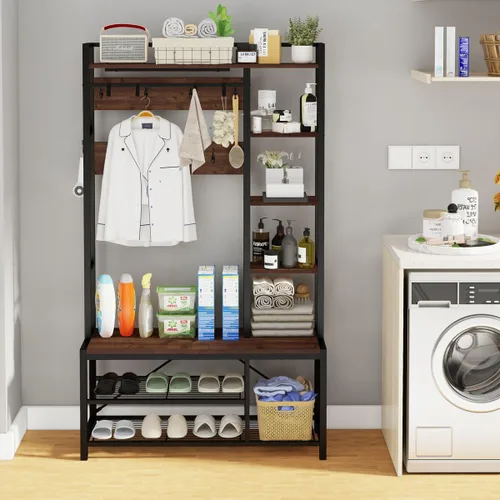 Vista 8 de BON AUGURE Árbol de pasillo con almacenamiento de zapatos, banco de entrada reversible 5 en 1 con ganchos para abrigos para pasillo, perchero