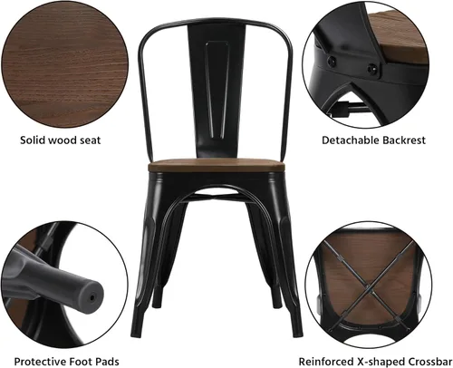 Vista 53 de Yaheetech Juego de 4 sillas de comedor de metal, sillas de cocina apilables industriales con asiento superior de madera para comedor, restaurante