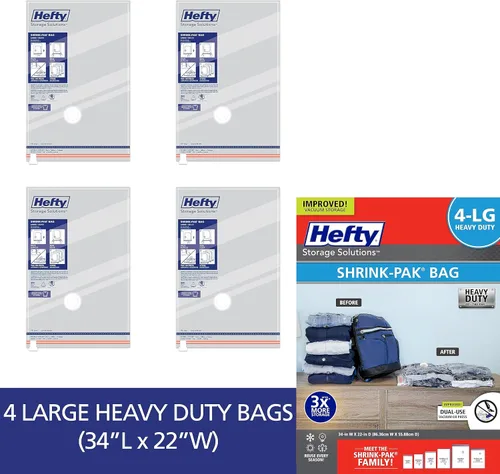 Vista 3 de Hefty Bolsas al vacío para ropa, paquete de 4, bolsas grandes de almacenamiento al vacío que ahorran espacio (34 x 22 pulgadas), sello de compresión