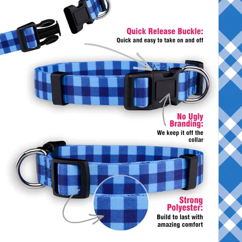Vista 4 de Native Pup Collar de perro a cuadros, leñador rojo, tartán, azul, rosa, ajustable para perros grandes y pequeños (azul, mediano)