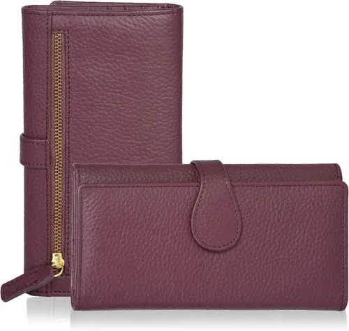 Vista 25 de Cartera de cuero genuino para mujer de cuero con bloqueo RFID - Tarjetero triple de diseñador para damas tipo clutch con ventana de identificación