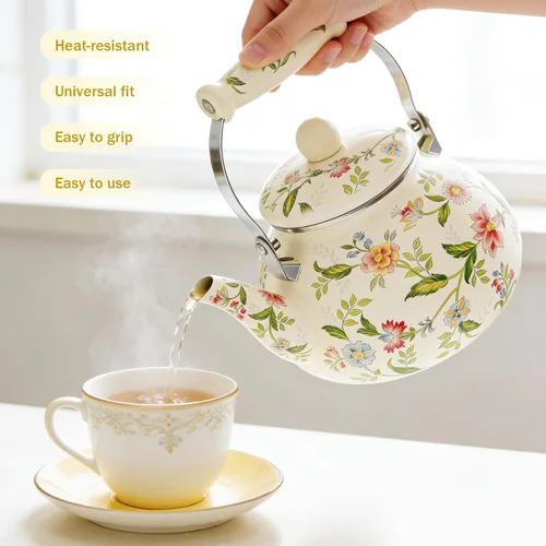 Vista 5 de Anxingo - Hervidor de té floral esmaltado, tetera de té para estufa, tetera grande de porcelana esmaltada 2.5L, diseño retro clásico