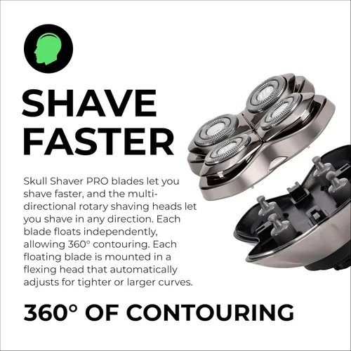 Vista 3 de Skull Shaver Forte PRO Cuchilla de Repuesto de 4 Cabezales - Cuchilla de Afeitadora para Afeitado Húmedo y Seco - Diseño de Cabezales Rotativos