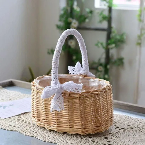 Vista 6 de Cesta de flores de mimbre de ratán, cesta tejida a mano de sauce con asa e inserto de plástico, cesta de dulces de huevos para boda, para decoración