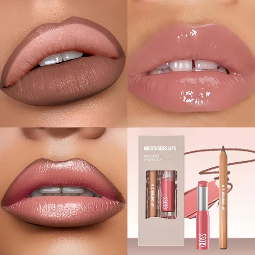 Vista 2 de Juego combinado de 2 delineadores de labios y lápiz labial, 2 en 2, impermeable, de larga duración, lápiz delineador de labios mate y brillo labial