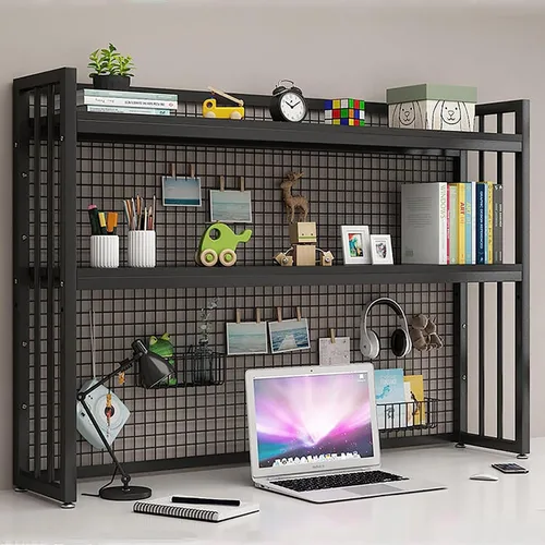 Vista 10 de Estantería de escritorio de 2 niveles para escritorio de computadora, pantalla ajustable, estantería de madera para encimera, estante de escritorio