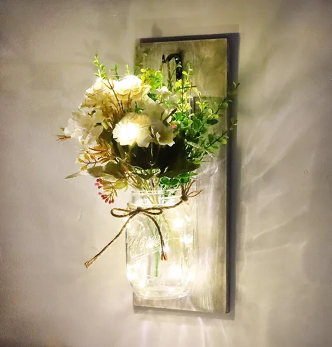 Vista 7 de Decoración rústica de pared con luces LED para el hogar, cocina, casa de campo, baño y sala de estar. Decoración de diseño artístico gris desgastado