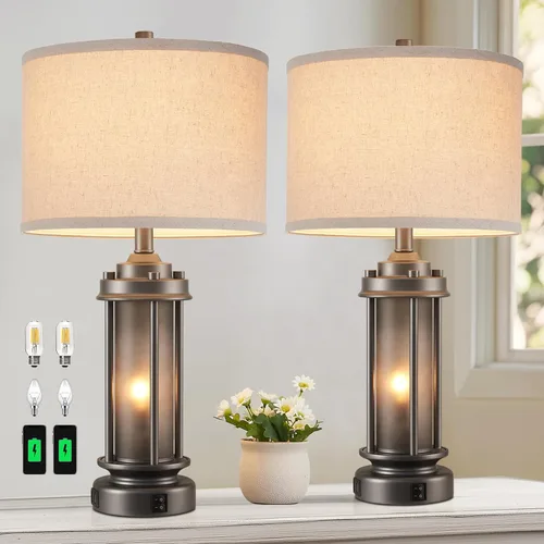 Vista 11 de Lámpara de mesa de granja de 25 pulgadas con 2 puertos de carga USB, lámpara de mesita de noche rústica vintage con luz nocturna de vidrio