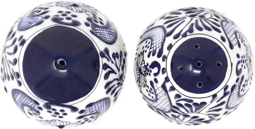 Vista 4 de Global Crafts Encantada - Juego de salero y pimentero mexicano, pintado a mano, hecho a mano, flor azul (MC085F-K2)