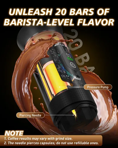 Vista 3 de Cafetera Portátil para Viajes, Máquina de Espresso Autocalentable con USB-C, Pantalla LED, 20 Bar, Compatible con Café Molido y Cápsulas (Ns&DG)