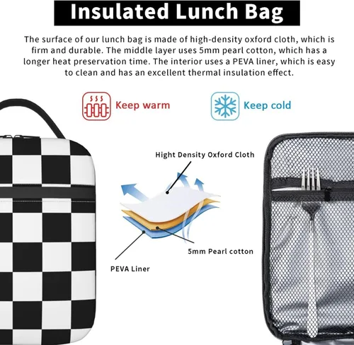 Vista 6 de Black And White Checkered Lunch Bag Insulated Portable Reusable Checkerboard Lunch Box With Zipper For Daily Picnic Work Office Travel