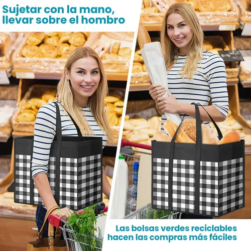 Vista 2 de WOWBOX Bolsas de comestibles reutilizables, paquete de 4, bolsas de compras plegables reutilizables a granel con asas reforzadas, bolsas de Negro