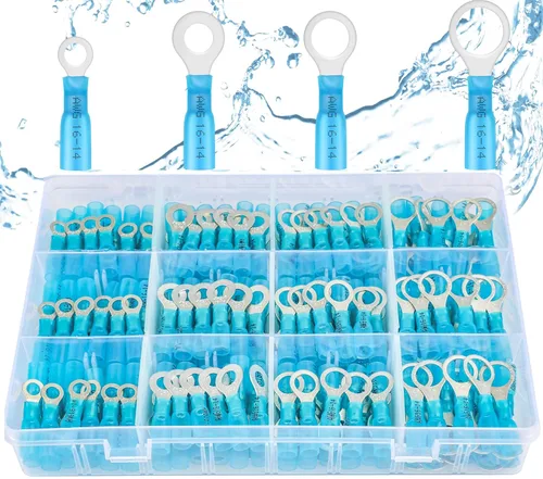 Vista 10 de haisstronica Terminales de anillo, 100 conectores de anillo termorretráctil de grado marino, conectores de cable amarillo, cobre rojo estañado #10