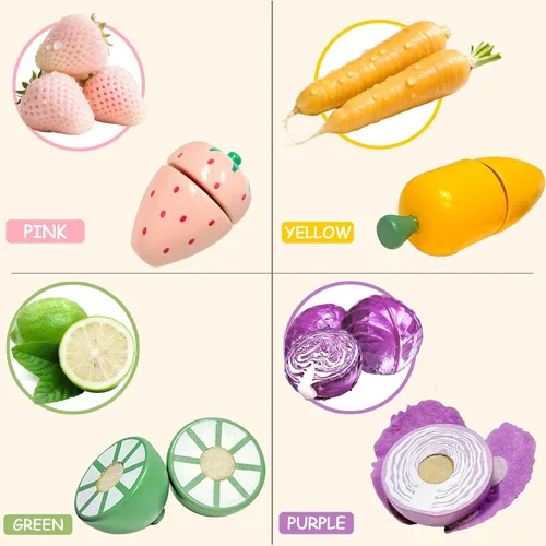 Vista 5 de WHOHOLL Juego de 42 piezas de comida de juego para jugar, accesorios de cocina, juguetes de madera para cortar alimentos, frutas y verduras
