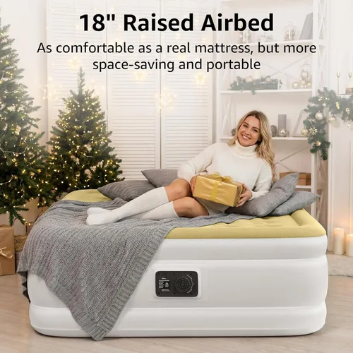 Vista 4 de YENING Colchón de aire tamaño completo con bomba incorporada, cama elevada doble inflable, cama de aire hinchable para camping eléctrico de 18 Beige