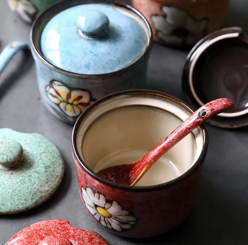 Vista 3 de 123Arts Cerámica Retro Flor Azúcar Sal Pimienta Tarro de Almacenamiento de Condimentos con Tapa Y Cuchara