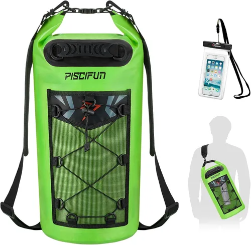 Vista 28 de Piscifun Bolsa seca, mochila flotante impermeable 10L/20L/30L/40L con funda impermeable para teléfono para navegación, kayak, pesca