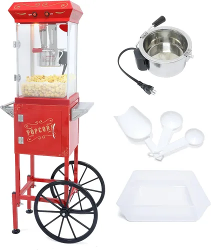 Máquina de palomitas de maíz de 8 onzas con carro, máquina comercial de palomitas de maíz con ruedas y hervidor de acero inoxidable, 3 cucharas de