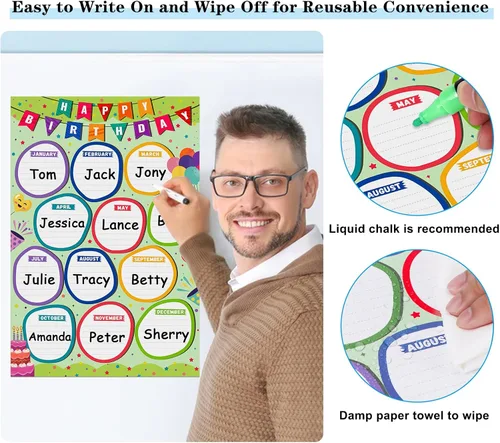 Vista 4 de WhatSign Tabla de cumpleaños para el aula, póster de feliz cumpleaños, calendario de cumpleaños para pared, reutilizable, tablón de anuncios