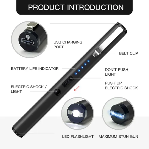 Vista 2 de REAX Stun Gun Auto Defense Pain Pen con linterna de seguridad pluma USB recargable batería indicador