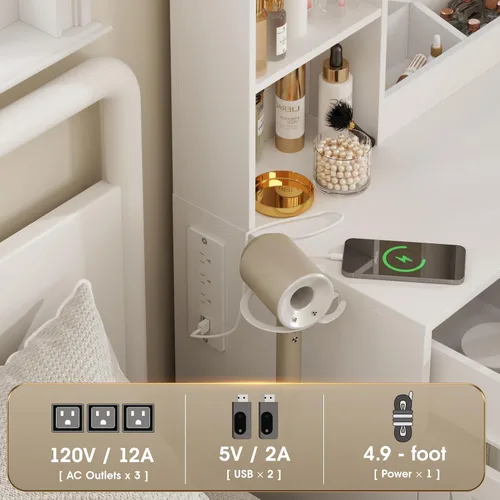 Vista 5 de Vabches Escritorio de tocador de maquillaje, espejo de tocador con luces, escritorio y silla, mesa de maquillaje con 3 cajones grandes y 2