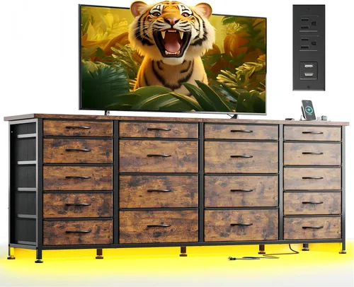 Soporte de TV de 63 pulgadas de ancho para dormitorio con luz LED y tomas de corriente, cómoda larga con 18 cajones profundos para TV de 65, 70, 75