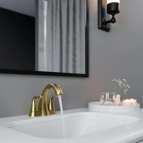 Vista 7 de Pfister Willa LF048MALBG - Grifo de lavabo de baño de 4 pulgadas, 2 manijas y 3 agujeros, certificado NSF, acabado dorado cepillado con drenaje