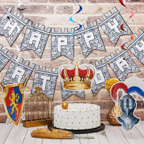 Vista 4 de Cartel medieval de cumpleaños de 25 piezas, suministros de fiesta de castillo, decoraciones de cumpleaños de caballero, remolinos medievales