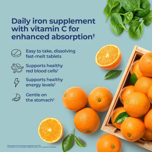 Vista 3 de Nature's Lab Hierro Plus Vitamina C Fast Melt Tabletas - Suave con el estómago Carbonil Hierro, Alta Absorción para Glóbulos Rojos Saludables* - 120
