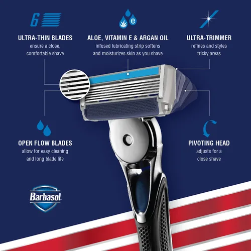 Vista 7 de Barbasol Ultra 6 Plus - Maquinilla de afeitar para hombre con 2 repuestos de cuchillas de afeitar (1 mango + 2 cartuchos), cuchillas de afeitar