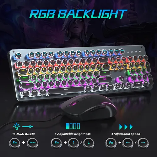 Vista 4 de Teclado mecánico y mouse para juegos de máquina de escribir, panel de metal retro con tecla redonda interruptor azul, retroiluminación RGB de 104