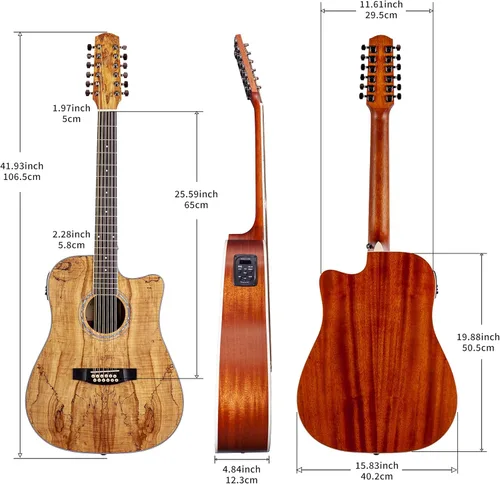 Vista 2 de TARIO 12 Cuerdas Acústica Eléctrica Cutaway Guitarra Spalted Maple Top Caoba Back & sides Okoume Neck