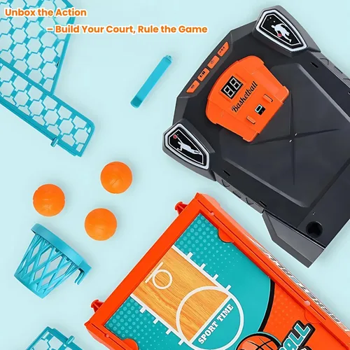Vista 4 de Juego de baloncesto de mesa: mini arcada de escritorio compacta, juego de escritorio para interiores con puntuación electrónica, luces y sonido