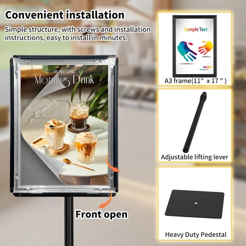 Vista 3 de Soporte de póster para exhibición, soporte ajustable para letreros de piso, soporte de suelo con pedestal resistente, marco abierto de aluminio