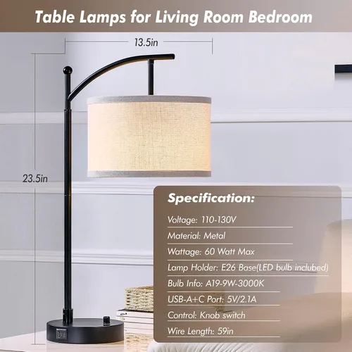 Vista 2 de Lámpara de mesa para sala de estar y dormitorio, lámpara de 23.5" con puertos USB C+A, lámpara de noche para mesita con pantalla de tela de lino