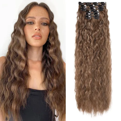 Vista 25 de Flufymooz - Extensiones de cabello con clip, 6 unidades, extensiones de cabello largas con ondas de sirena, sintético, postizo para mujer, 24 Marrón