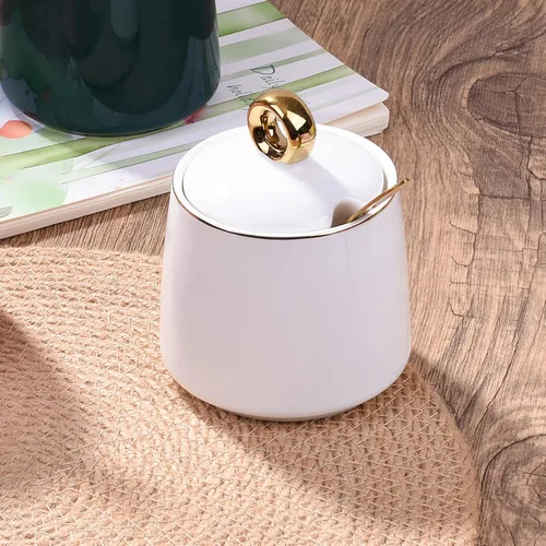 Vista 5 de Tazones de azúcar de cerámica con cuchara de acero inoxidable tazón de sal con tapa para el hogar y la cocina, color blanco