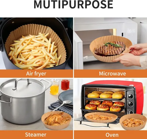 Vista 6 de Forro de papel desechable para freidora de aire, 100 forros redondos para freidora de aire de 7.9 pulgadas, papel pergamino antiadherente