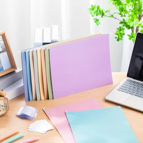 Vista 4 de Janmini 30 carpetas colgantes de color macarrón con proceso de estampado en lámina, incluyendo pestañas e insertos ajustables, tamaño carta