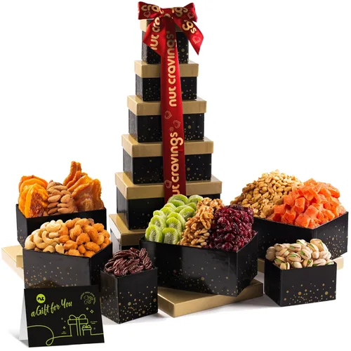 Vista 14 de NUT CRAVINGS Colección Gourmet - Agradecimiento y Apreciación, Cesta de Regalo Torre de Nueces y Frutas Secas, con Cinta TY + Tarjeta