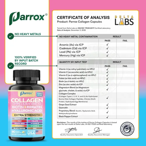 Vista 9 de Péptidos de colágeno Parrox Tipos I, II, III, V y X, Biotina MCG, Queratina, Ácido Hialurónico, MSM, Zinc, Extracto de semilla de uva, Quercetina
