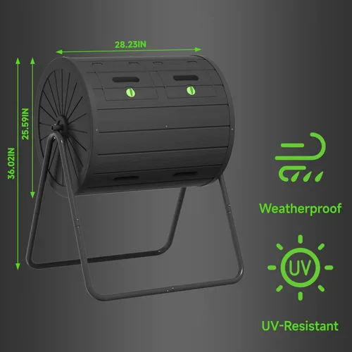 Vista 2 de DRATO Compost Bin Outdoor 37.5 Gallon All-Season Dual Chamber Tumbling for Garden, Kitchen, Yard, Outdoor (Black)