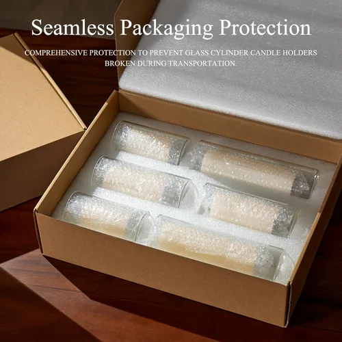 Vista 3 de Juego de 6 velas de pilar blancas con soportes de vidrio transparente para huracanes, elegantes jarrones cilíndricos para bodas, fiestas, centros