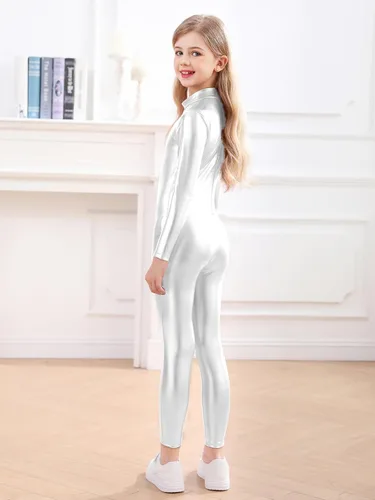 Vista 5 de Genfirdom Girls Shiny Metallic Unitard Long Sleeve Leotard Turtleneck Kids Bodysuit for Costume Dance 3-12 Years