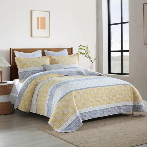 Vista 3 de Juego de edredón de algodón tamaño King, juego de ropa de cama verde y gris, colcha a rayas, juego de edredón ligero de verano de 3 piezas